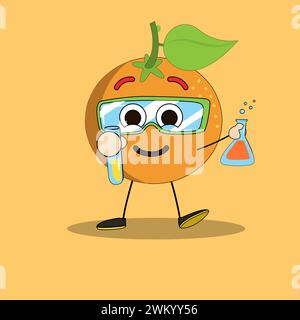 Illustrazione artistica Doodle Kawaii Fruits Symbol Character Orange Mascot Activity of Learn Chemical Illustrazione Vettoriale