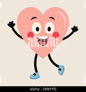 Personaggio cartoni animati Happy Heart. Illustrazione romantica in stile piatto, sentimenti d'amore. Carino cuore rosa sorridente. Illustrazione Vettoriale