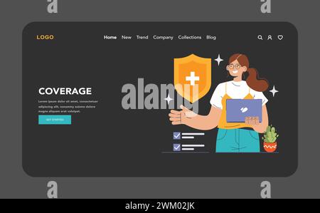 Concetto di copertura sanitaria. Donna sicura di sé con un laptop è assicurata da uno scudo protettivo con croce medica, garantendo la sicurezza sanitaria. Illustrazione vettoriale piatta Illustrazione Vettoriale