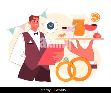 Concetto di catering. Un cameriere pronto presenta un vassoio di cocktail rinfrescanti accanto agli anelli celebrativi. Garantire ogni dettaglio per l'evento. Servizio perfetto. Illustrazione vettoriale piatta. Illustrazione Vettoriale