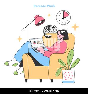 Una donna soddisfatta ama lavorare in remoto da una comoda poltrona, analizzando le carte sul suo laptop, accompagnato dal suo amico felino, con un orologio che segna le ore produttive. Abbracciare i vantaggi dell'ufficio domestico. vettore Illustrazione Vettoriale