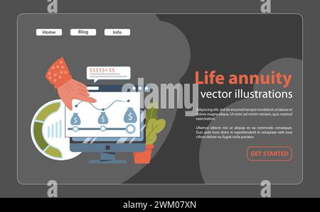 La piattaforma interattiva mostra il concetto di rendita a vita, con aggiustamento manuale della crescita monetaria, garantendo un reddito stabile durante il pensionamento. Un futuro sicuro. Illustrazione vettoriale piatta. Illustrazione Vettoriale