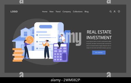 Property Finance modalità buio o notturna Web, atterraggio. Un approccio strategico agli investimenti immobiliari con particolare attenzione alla crescita degli asset e alla generazione di ricavi. Illustrazione vettoriale piatta Illustrazione Vettoriale