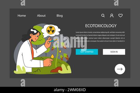 Banner Web o landing page in modalità ecotossicologica notturna o scura. Lo scienziato indaga su un impianto interessato da sostanze pericolose per le radiazioni. Ricerca di rifiuti tossici. Illustrazione vettoriale piatta. Illustrazione Vettoriale