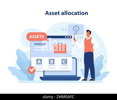 Concetto di allocazione delle risorse. Man presenta una distribuzione diversificata del portafoglio sullo schermo, ottimizzando la gestione patrimoniale. Pianificazione strategica, equilibrio finanziario. Illustrazione vettoriale piatta. Illustrazione Vettoriale