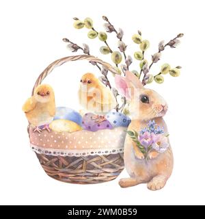 Buona Pasqua, coniglio e cestino con fiori primaverili, salici, uova colorate e pollo, illustrazione ad acquerello disegnata a mano. Stile vintage. Attingendo Foto Stock