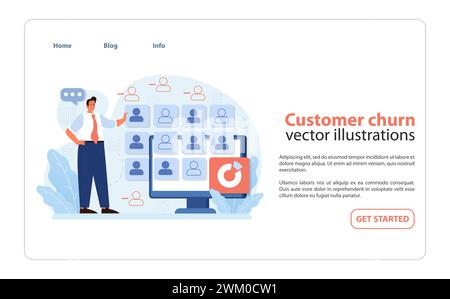 Analisi professionale dell'abbandono dei clienti su uno schermo digitale, evidenziando i clienti persi tra la base di utenti attiva. Affrontare le sfide della conservazione nell'era digitale. Illustrazione vettoriale piatta. Illustrazione Vettoriale