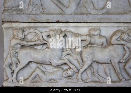 Sarcofago romano di Pozemia, 140 circa. Dettaglio di Centauromachya. Museo Nazionale Romano (Terme di Diocleziano). Roma. Italia. Foto Stock