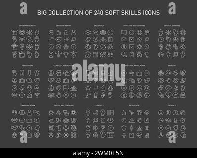 Set di icone grandi per le abilità soft. Migliorare le capacità interpersonali essenziali con icone di pensiero critico, leadership e altro ancora. Coltivare l'eccellenza professionale e la crescita personale. vettore Illustrazione Vettoriale