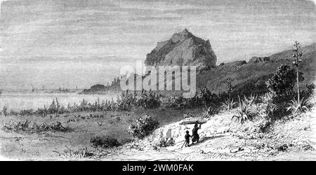 Vista del monte le Morne Brabant, della costa e della laguna, a sud-ovest di Mauritius. Vintage o Historic Engraving o Ilustration 1863 Foto Stock