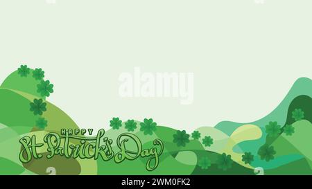buona giornata a st patricks. floreale di foglie di trifoglio di shamrock e titolo disegnato a mano. Sullo sfondo bastract verde con immagine vettoriale Copy Space area temp Illustrazione Vettoriale