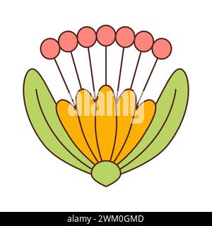 Fiore colorato. doodle fiore carino. Stile retrò piatto isolato su sfondo bianco. Illustrazione vettoriale Illustrazione Vettoriale