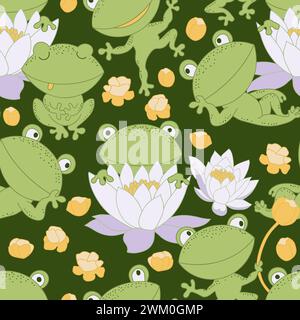 Motivo Frog senza cuciture. Stile cartoni animati disegnati a mano. Illustrazione Vettoriale
