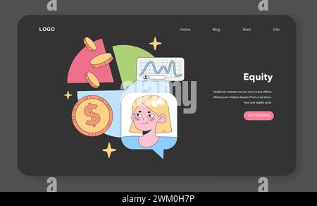 Una donna sicura di sé visualizza la crescita finanziaria con monete, grafici ed elementi azionari che la circondano. Potenziare il percorso finanziario nel mondo del business. Illustrazione vettoriale piatta Illustrazione Vettoriale