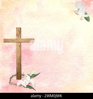 Tessera di croce in legno e gigli ad acquerello per Pasqua, giovedì santo, illustrazione religiosa su sfondo pesca Foto Stock