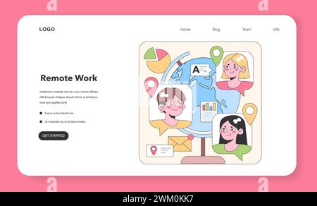 Concetto globale di lavoro di squadra. Un team diversificato comunica in tutto il mondo digitale, condividendo informazioni e dati. Collaborazione interattiva da luoghi diversi. Illustrazione vettoriale piatta. Illustrazione Vettoriale