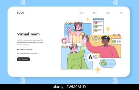 Team virtuale diversificato che interagiscono attraverso piattaforme online, evidenziando la collaborazione e la connettività remota. Illustrazione vettoriale piatta. Illustrazione Vettoriale