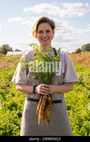 Agricoltore sorridente che detiene un mucchio di carote biologiche in azienda Foto Stock