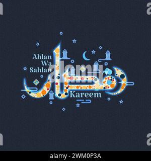 Calligrafia colorata del Ramadan Kareem. Benvenuto nel mese del Ramadan con elementi di design islamici minimalisti. Illustrazione Vettoriale