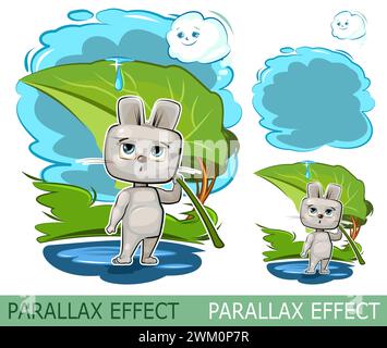 Piccola lepre e pioggia. Set di vetrini per effetto parallasse. Isolato su sfondo bianco. Divertente stile cartoni animati. Vettore immagine Illustrazione Vettoriale