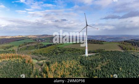 Vista aerea di una sola turbina eolica circondata da alberi Foto Stock