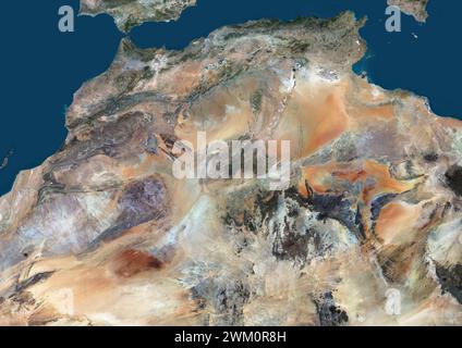 Immagine satellitare a colori dell'Africa settentrionale, che mostra Marocco, Algeria, Tunisia e paesi vicini. Foto Stock