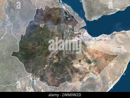 Immagine satellitare a colori dell'Etiopia, con bordi e maschera. Foto Stock