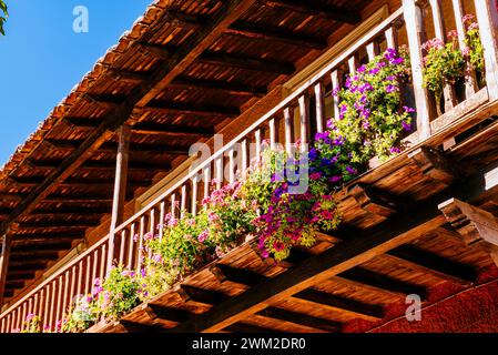 Balcone con pentole. Architettura tradizionale del Monte Palencia. Palencia, Castilla y León, Spagna, Europa Foto Stock