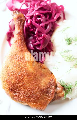 Anatra arrosto con cavolo rosso e purè di patate su sfondo luminoso. Primo piano. Foto Stock