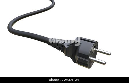 Rendering digitale di una spina elettrica nera con un cavo flessibile isolato su uno sfondo trasparente 3d. Foto Stock