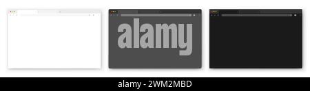 Una serie di realistiche finestre vuote del browser in bianco, grigio e nero con una barra degli strumenti, una barra di ricerca e un'ombra su sfondo blu bianco. Illustrazione Vettoriale