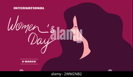 Banner International Womens Day con una bella donna dai capelli lunghi. Illustrazione vettoriale Illustrazione Vettoriale