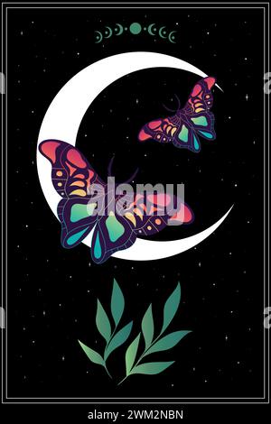 Sfondo celeste con farfalle color arcobaleno, stelle e luna crescente. Illustrazione vettoriale Illustrazione Vettoriale
