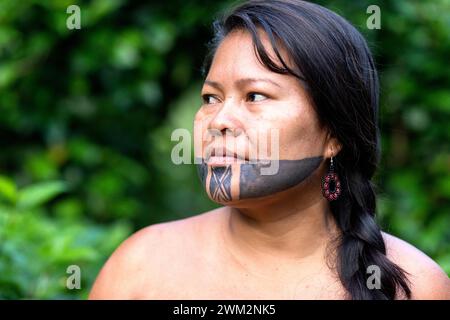 Bella donna della tribù di Embera di un villaggio nel parco nazionale di Chagres con tatuaggi tradizionali sul viso, il parco nazionale di Chagres, Panama Foto Stock