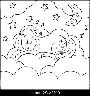 Sfondo quadrato bianco e nero vettoriale con unicorno che dorme sulla nuvola sotto le stelle. Scena magica o fantasy. Colorazione paesaggio linea fiabesca p Illustrazione Vettoriale