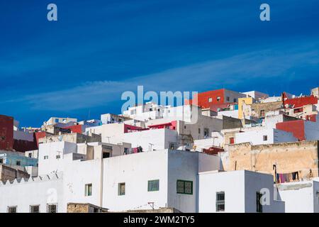 Architettura in Nord Africa, un gruppo di edifici residenziali nel quartiere tradizionale della città, Tetouan, Marocco Foto Stock