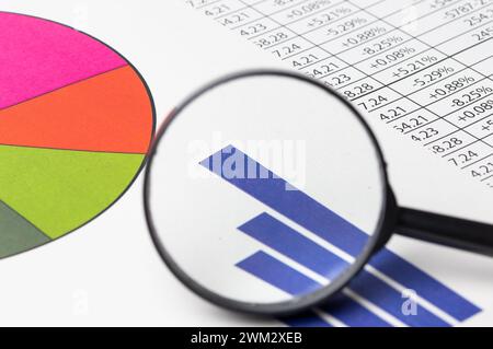 Una lente di ingrandimento sullo sfondo dei documenti finanziari, primo piano Foto Stock
