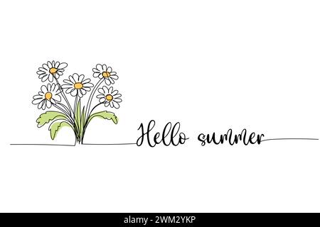 Buongiorno estate, mazzo di disegni a linee di fiori a margherita, un disegno a linee continue e testo. per cartolina Illustrazione Vettoriale