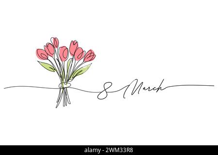 8 marzo, festa della donna, bouquet di fiori di tulipano disegno artistico con linea di tulipani, disegno con linea continua e testo. per biglietto d'auguri Illustrazione Vettoriale