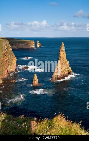Duncansby pile, vicino Duncansby head, John O'Semole, Scozia, che mostra le imponenti scogliere e il pilastro come formazioni rocciose Foto Stock