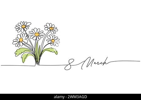 8 marzo, festa della donna, mazzo di fiori disegno a margherita, un disegno a linea continua e testo. per biglietto d'auguri Illustrazione Vettoriale