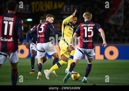 Foto massimo Paolone/LaPresse 23 febbraio 2024 - Bologna, Italia - sport, calcio - Bologna vs Verona - Campionato italiano di calcio serie A TIM 2023/2024 - Stadio Renato dall'Ara. Nella foto: Michael Folorunsho (Hellas Verona) in azione contrastato da Stefan Posch (Bologna FC) e Victor Kristiansen (Bologna FC) 23 febbraio 2024 Bologna, Italia - sport, calcio - Bologna vs Verona - Campionato Italiano di calcio 2023/2024 - Stadio Renato Dall'Ara. Nella foto: Michael Folorunsho (Hellas Verona) compete per il ballo con Stefan Posch (Bologna FC) e Victor Kristiansen (Bo Foto Stock