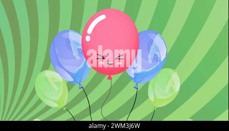 Immagine di palloncini colorati che volano su sfondo verde Foto Stock