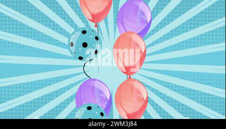 Immagine di palloncini colorati che volano su sfondo blu Foto Stock