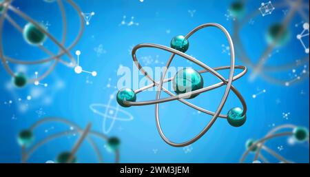 Immagine di micromodelli atomici e molecole su sfondo blu Foto Stock