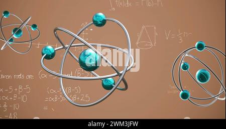 Immagine di micromodelli di atomi su formule matematiche su sfondo blu Foto Stock