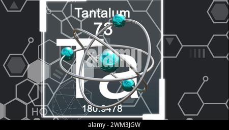 Immagine di micromodelli di atomi e simbolo al tantalio su sfondo nero Foto Stock