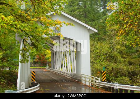 Breve ponte coperto, oltre il fiume e attraverso i boschi Scenic Byway, Linn County, Oregon Foto Stock