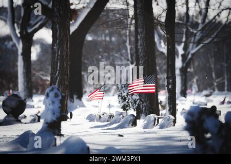 Bandiere americane in un cimitero con nevicate fresche in un cimitero del Wisconsin settentrionale. Foto Stock