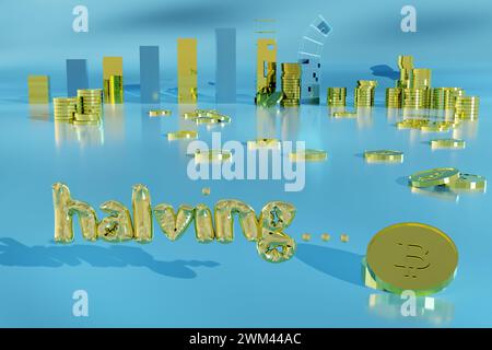 rendering 3d delle lettere gonfiate che si dimezzano con grafico a barre e monete d'oro sparse Foto Stock